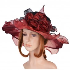 New Kentucky Derby Organza Floral Hat Wide Brim Dress Wedding Tea PartyWine Red 888916440345 eb-49733275